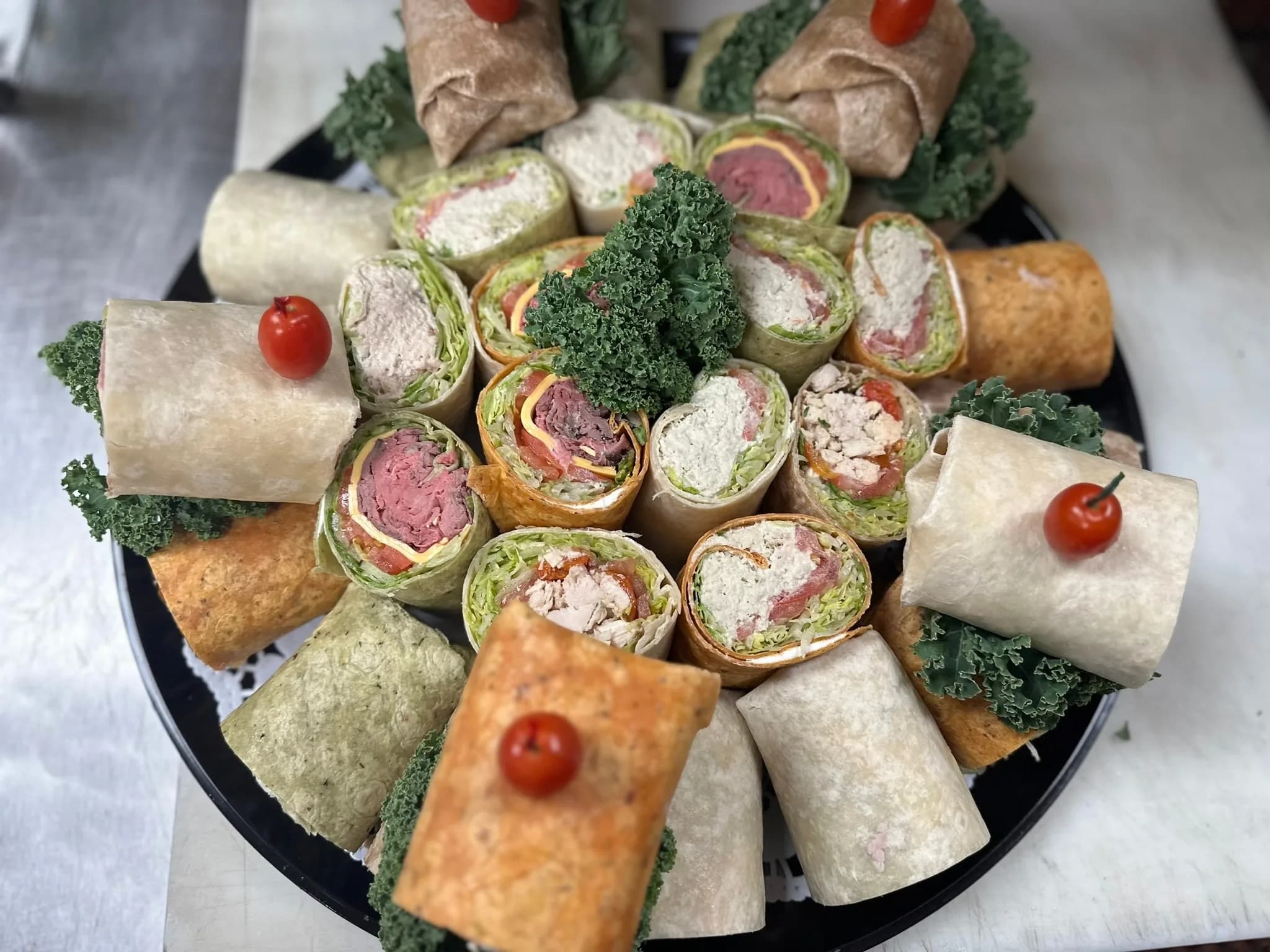 Wrap Platter from above — a rainbow of tortilla colors arranged for a crowd