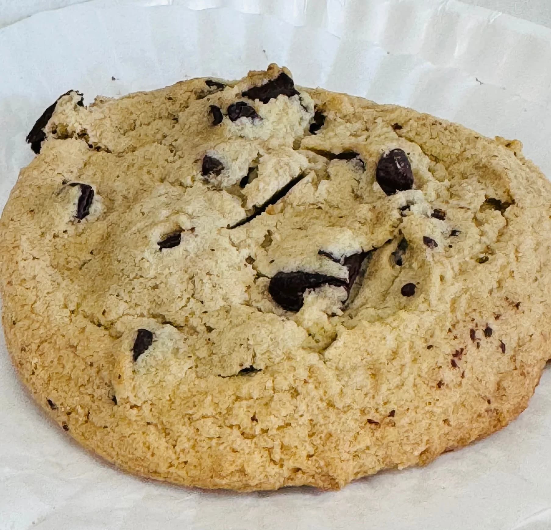 Our oversized Chocolate Chip Cookie — soft center, chunky chips