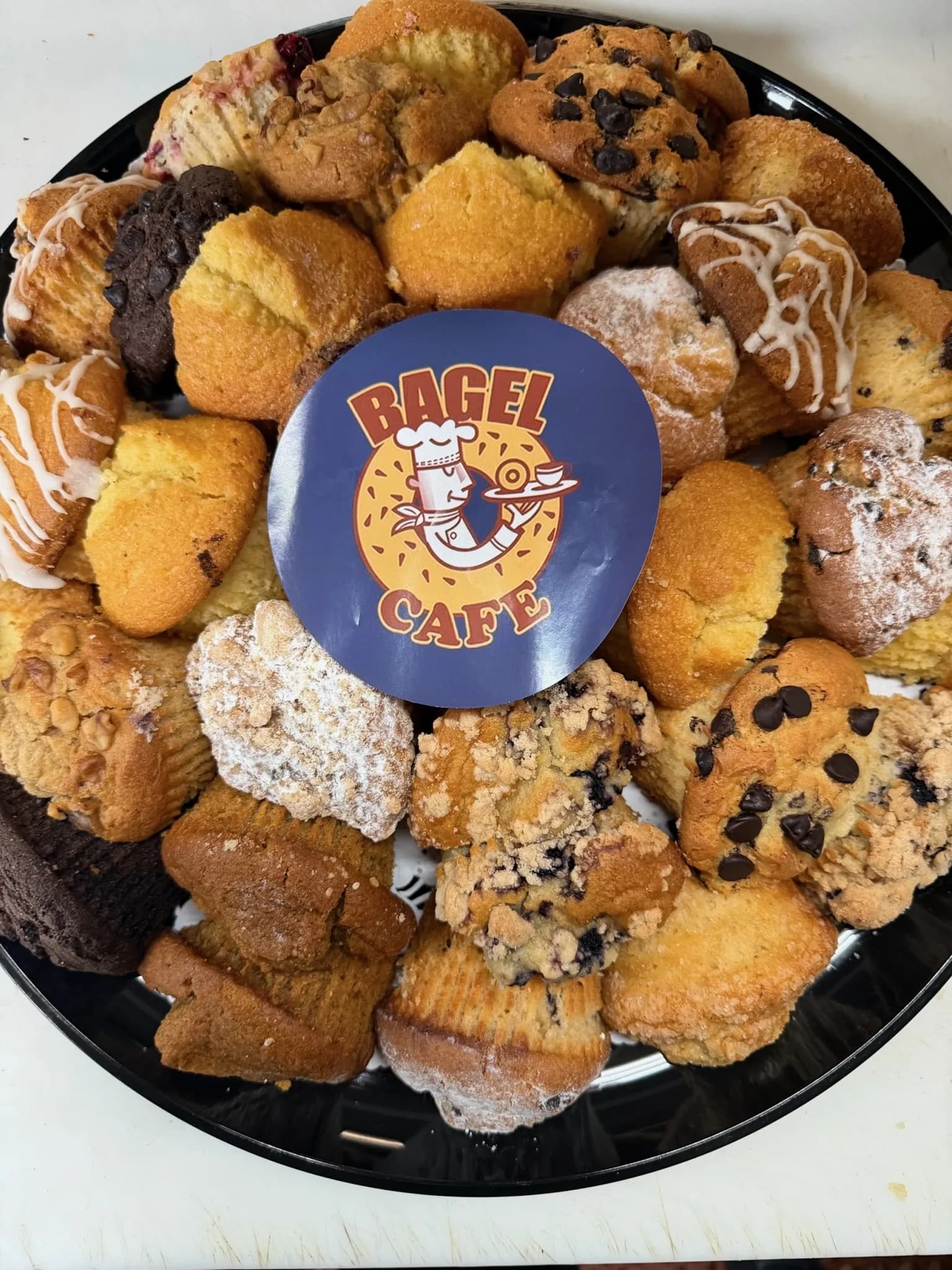 Our muffin platter — corn, blueberry, chocolate chip, and banana nut varieties