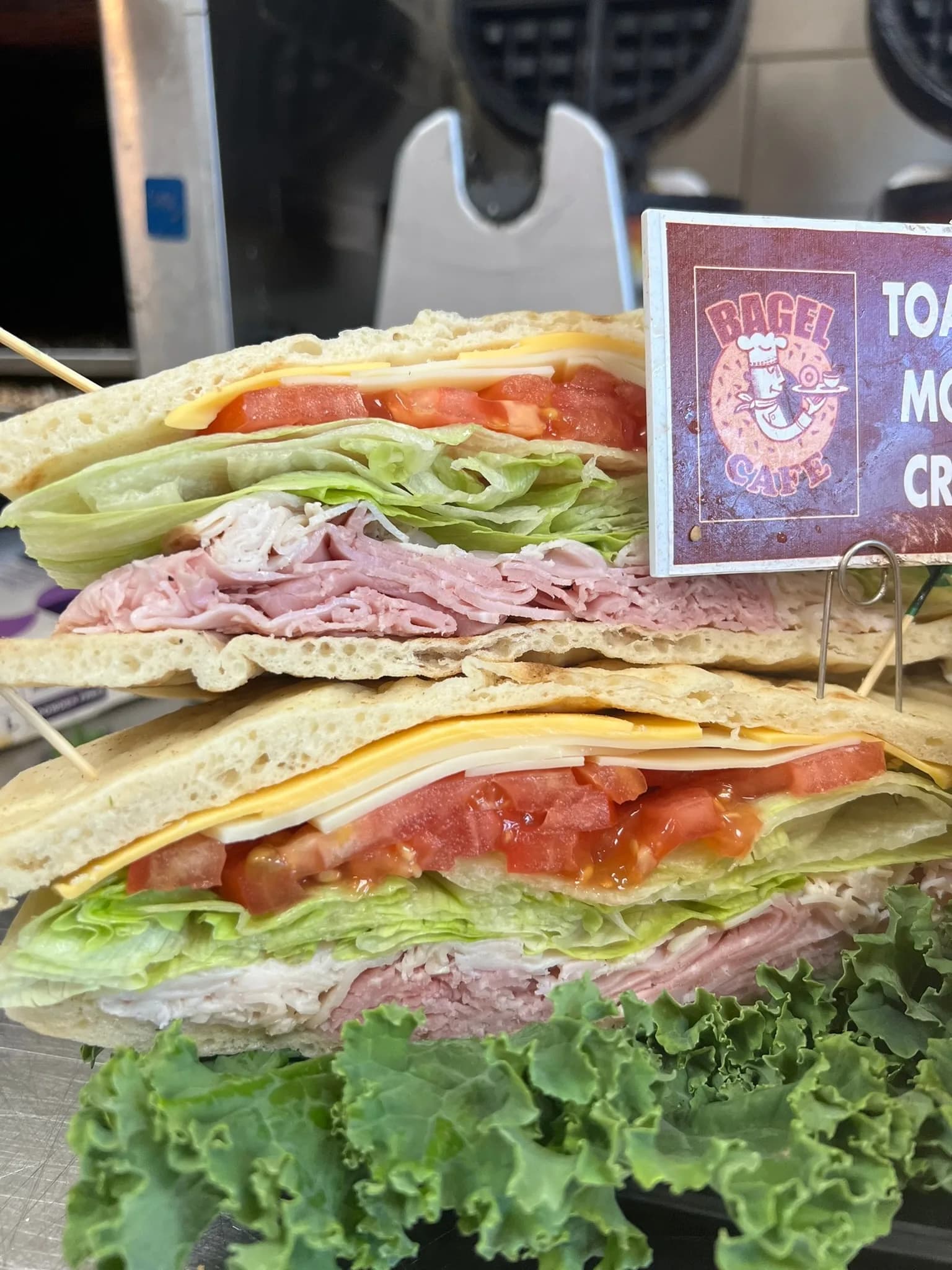 The Toasted Monte Cristo — layers of ham, smoked turkey, Swiss, and cheddar with honey mustard